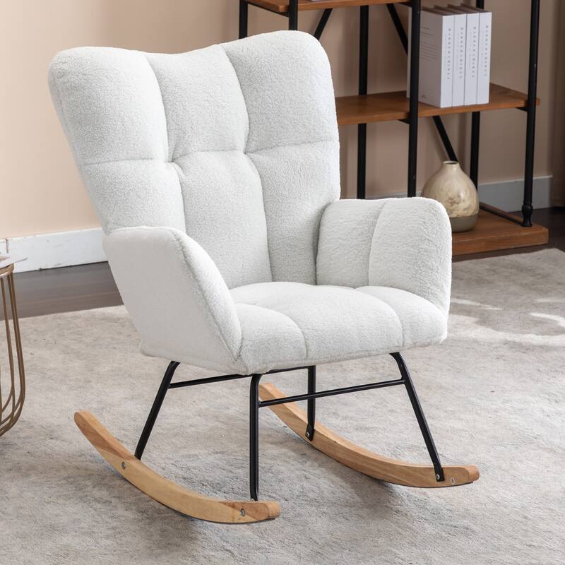 Comfortable Teddy Fabric Rocking Chair for Indoor Use, Ideal for Nursery and Living Room - Ivory-1