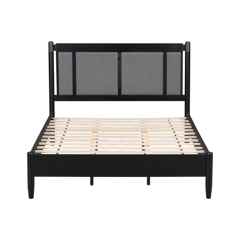 Solid Wood Platform Bed Frame, No Box Spring Needed, Upholstered Headboard Wingback Bed, Wood Slat Support