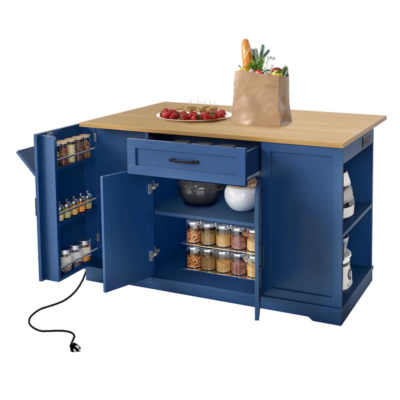 Moasis 50" Kitchen Island with Power Outlet & Drop Leaf,Rolling Island Cart with Trash Can Cabinet