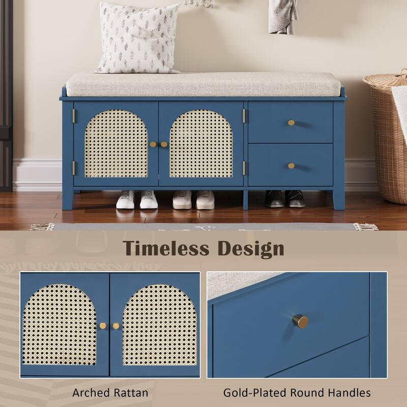 Storage Entryway Bench Wooden Shoe Bench with 2 Drawers, 2 Rattan Door & Removable Cushion for Living Room Entryway Hallway
