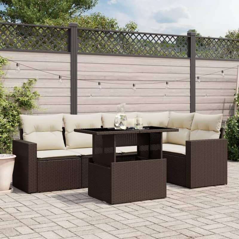 vidaXL Patio Sofa Set with Cushions Outdoor Furniture 6 Piece Poly Rattan - Brown and cream - 21.7 x 39.4 x 27.2 in
