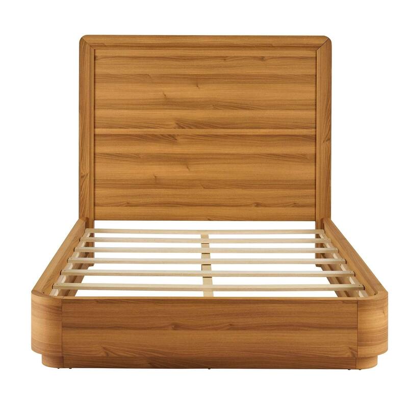 Queen Size Curved Solid Wood Platform Bed Modern Wooden Bed Frame with Slats No Box Spring Required Brown
