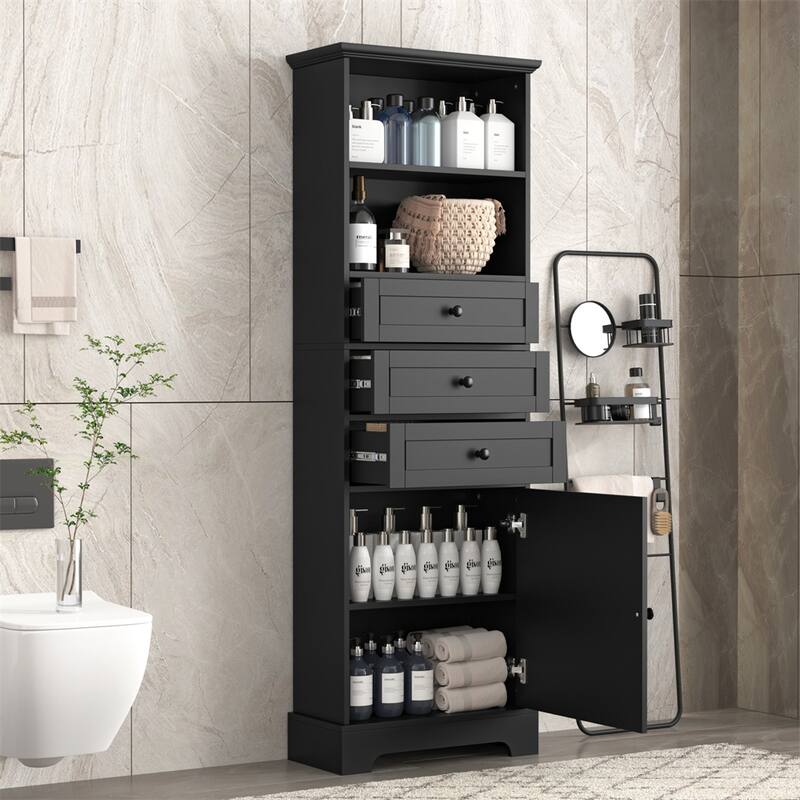 Tall Storage Cabinet with 3 Drawers & Adjustable Shelves for Bathroom