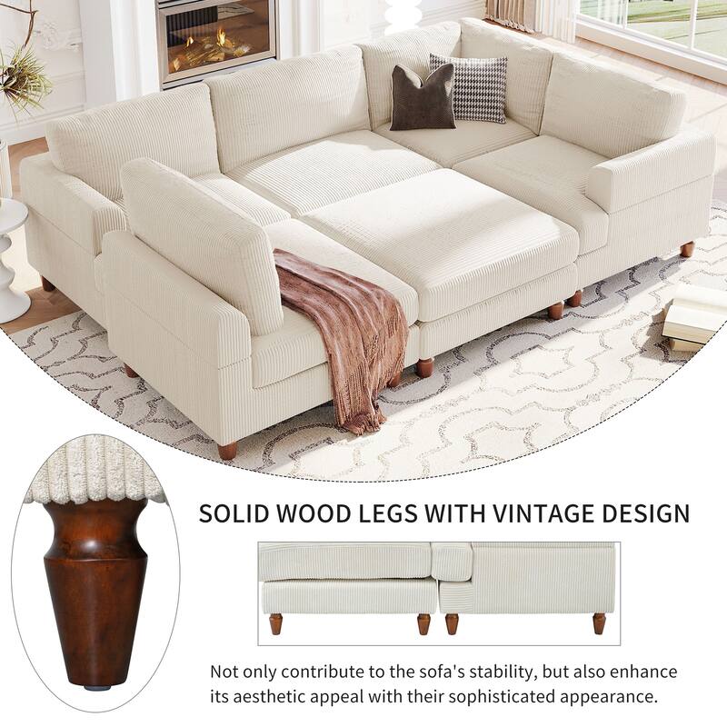 L Shaped Modular Sectional Sofa with Ottoman, Corduroy Upholstered Sleeper Sofa Bed, Corner Sectional Couch with Wooden Legs