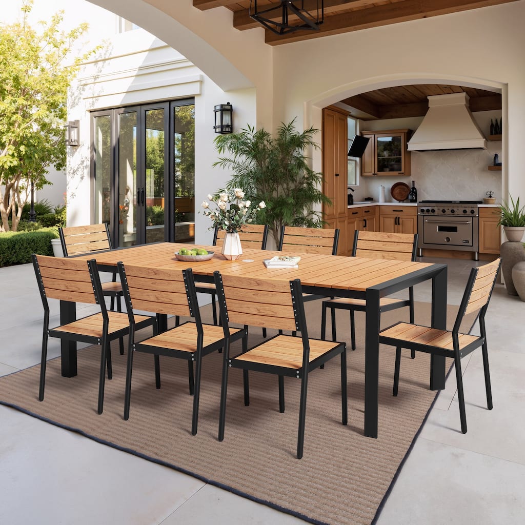 7/9-Piece Patio Outdoor Dining Set Stackable Chairs and Dining Table with Umbrella Hole