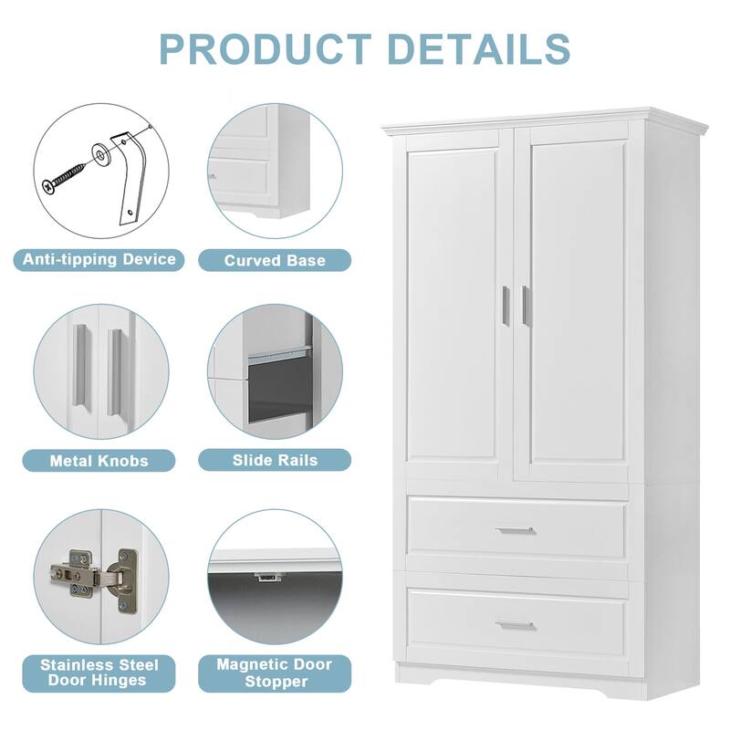 63" Tall Wood 2-door Bathroom Cabinet in White with Adjustable Shelf