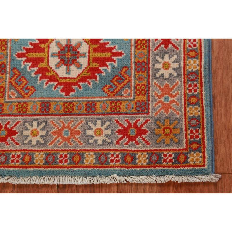 Geometric Kazak Accent Rug Hand-Knotted Oriental Blue Wool Carpet - 2'0"x 3'0"