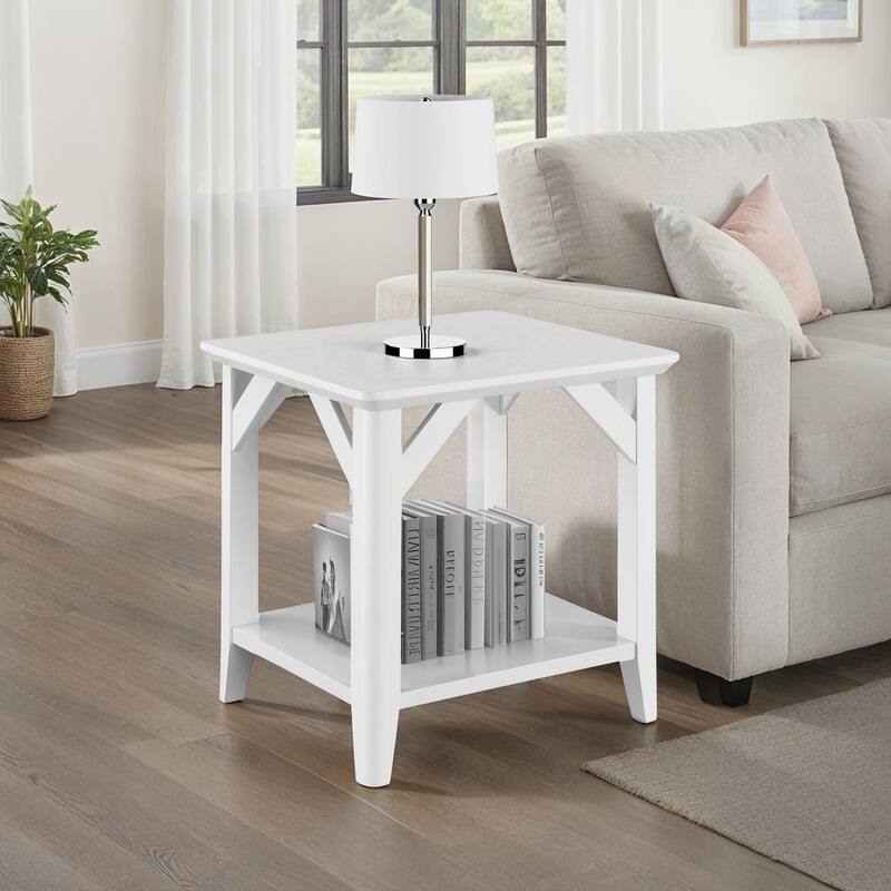 Rustic End Table with Shelf, Two Tier Storage and Tapered Legs, Woodgrain Accent Table for Living Room or Family Room - 22