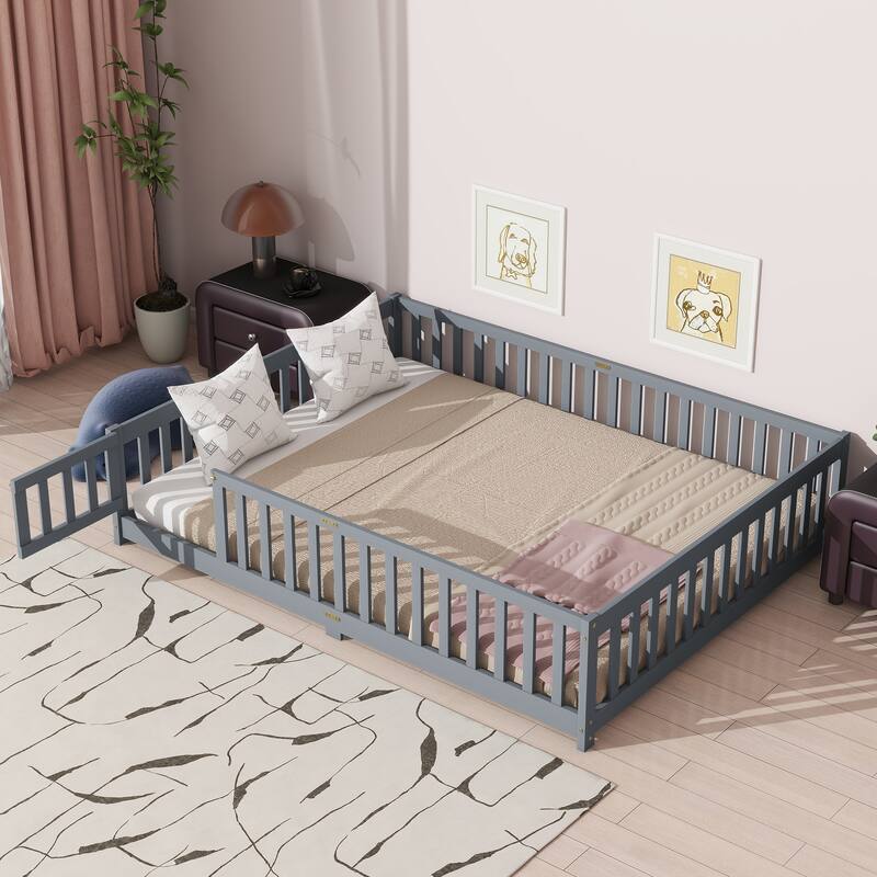 Classic Wooden Kids Floor Bed, Queen Floor Platform Bed Frame with Slat Support, Rubber Wood Floor Bed Frame with Fence and Door