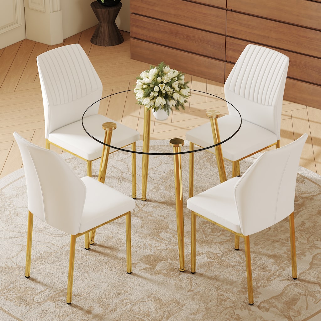 5-Piece Kitchen Table and Chairs Set for 4, Round Glass Dining Table with 4 Chairs, Space-Saving Table Set for Small Space