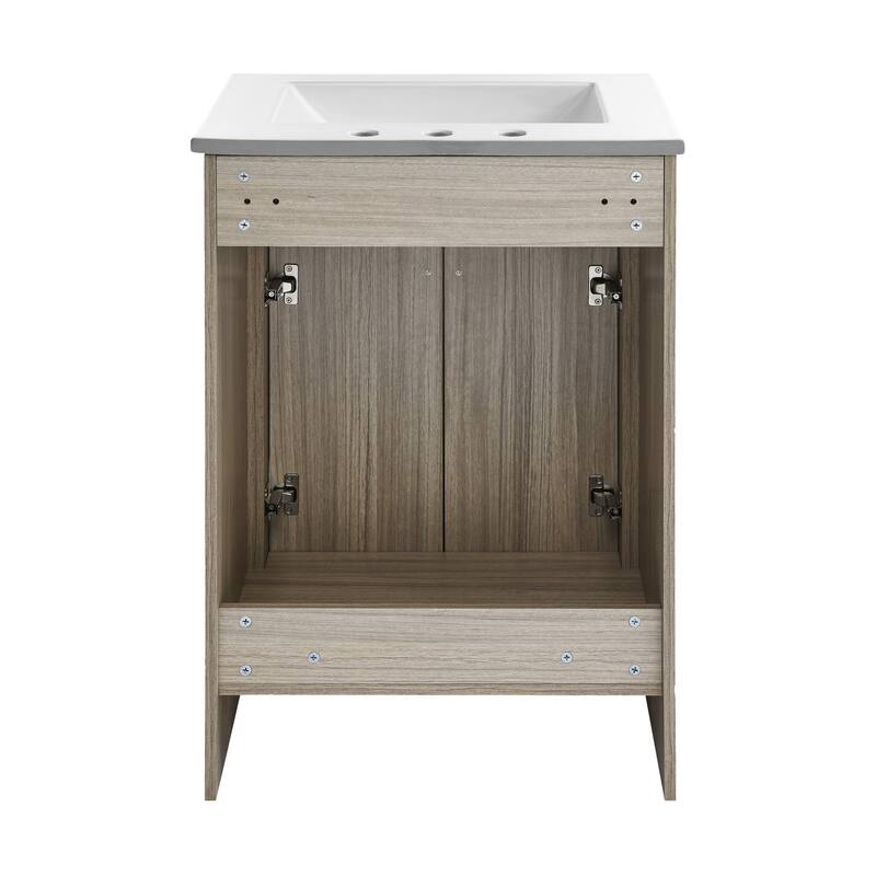 Burdon 24 In. Brown Oak Bathroom Vanity With White, 3-Hole Ceramic Sink Top