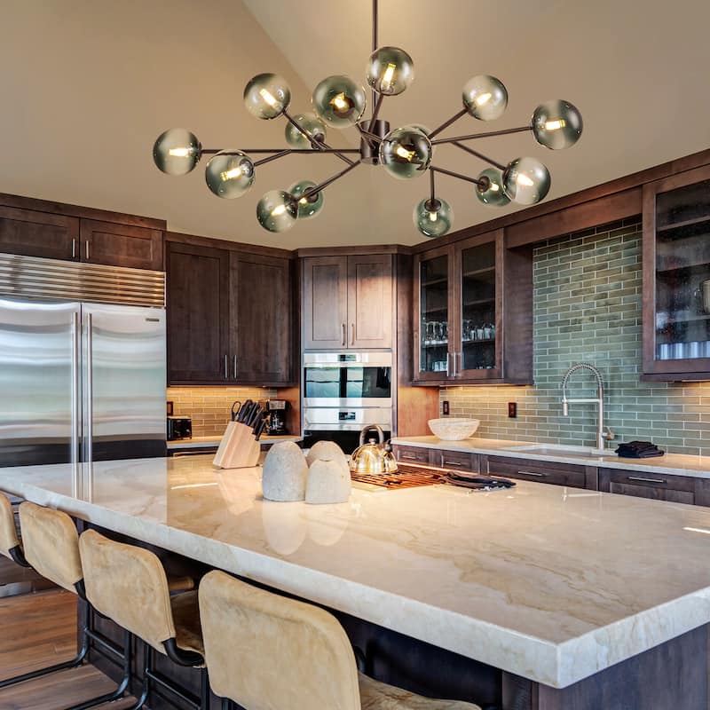 15-Light Modern Linear Sputnik Kitchen Island Light Branch Cluster Glass Globe Bubble Chandelier