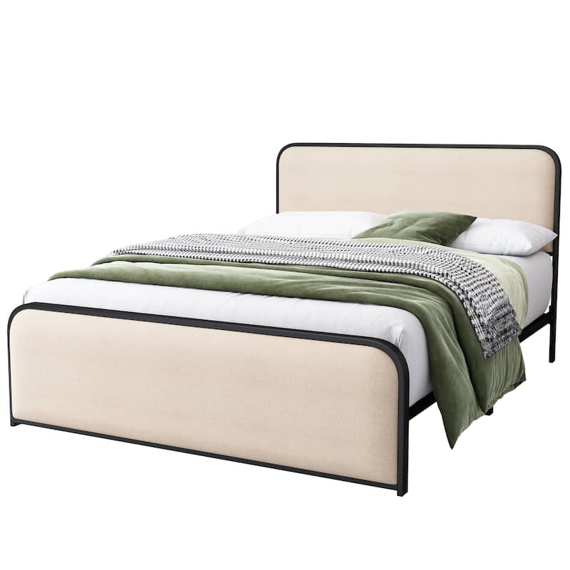 Linen Upholstered Bed Metal Platform Bed Frame with Storage Underneath, Safety Rounded Corners Design Headboard and Footboard