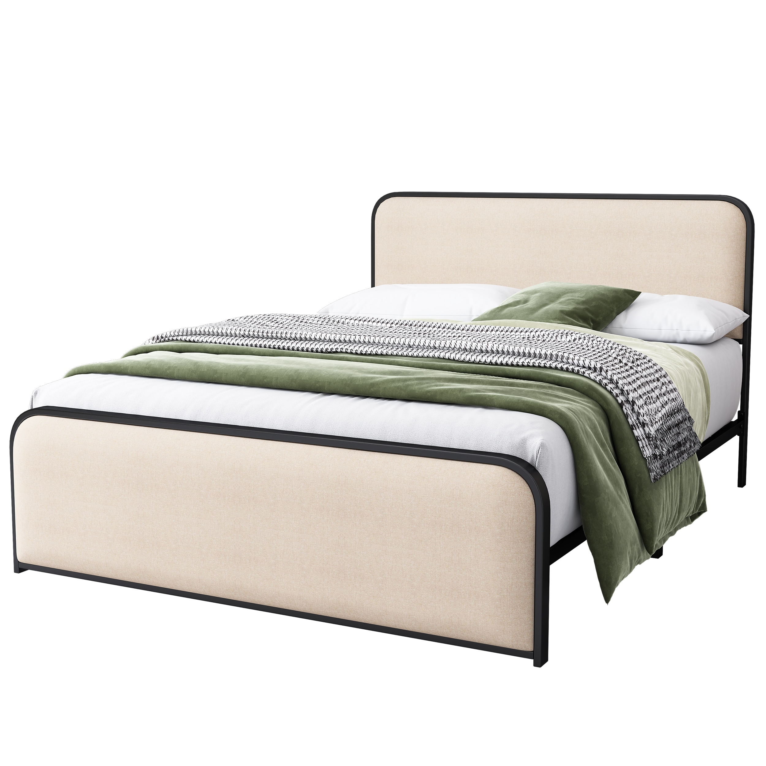 Queen Size Platform Bed with Beige Curved Upholstered Headboard and Footboard, Metal Slats Bed Frame with Storage Underneath