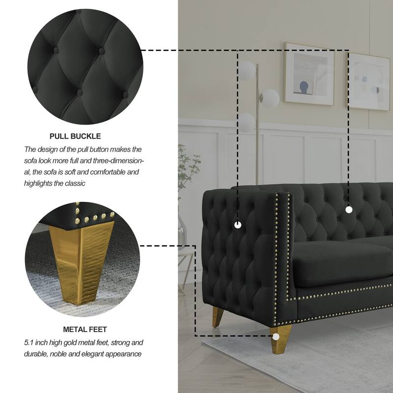 Modern Velvet Chesterfield Sofa for Living Room, Button-Tufted 3-Seater Couch with Square Arms and Metal Legs