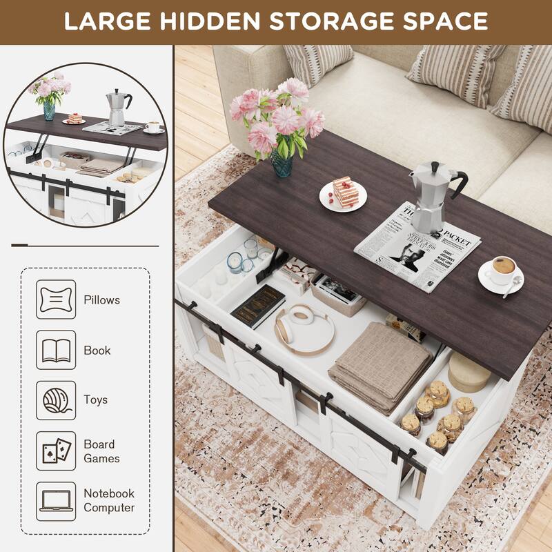 EROMMY Farmhouse Lift Top with Storage, Rustic Antique White Center Table for Living Room - 47.8" x 23.2"