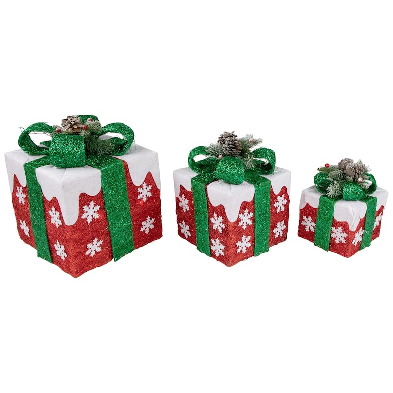 Set of 3 Lighted Red with White Snowflakes Gift Boxes Christmas Decorations - 12"