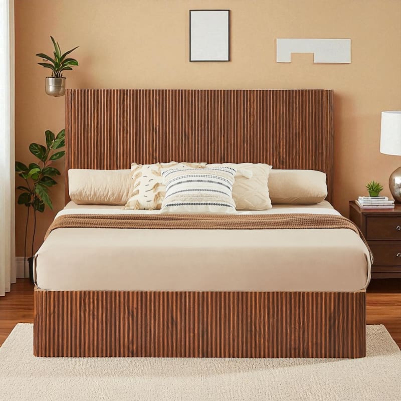 Queen Size Hydraulic Lift Storage Bed Frame with Wooden Curved Design, No Box Spring Needed, 1000lbs Capacity - Walnut - Queen