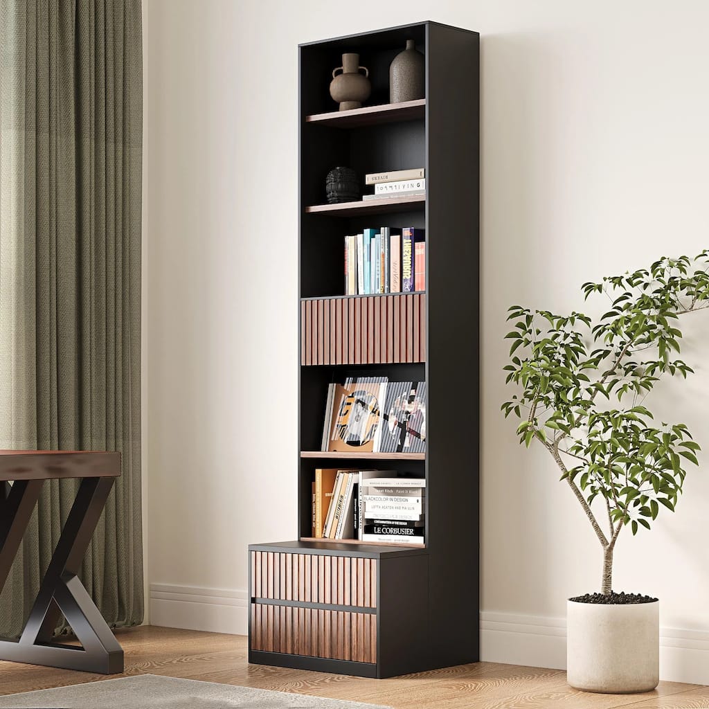 85.8'' Tall Bookcase with Movable Footstool and 6-Tier Open Shelves Storage Drawers