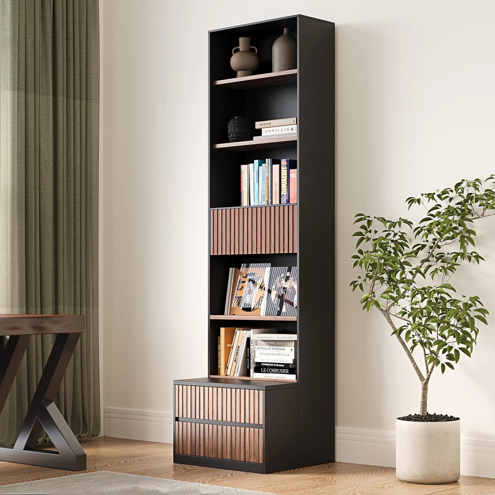 85.8'' Tall Bookcase with Movable Footstool and 6-Tier Open