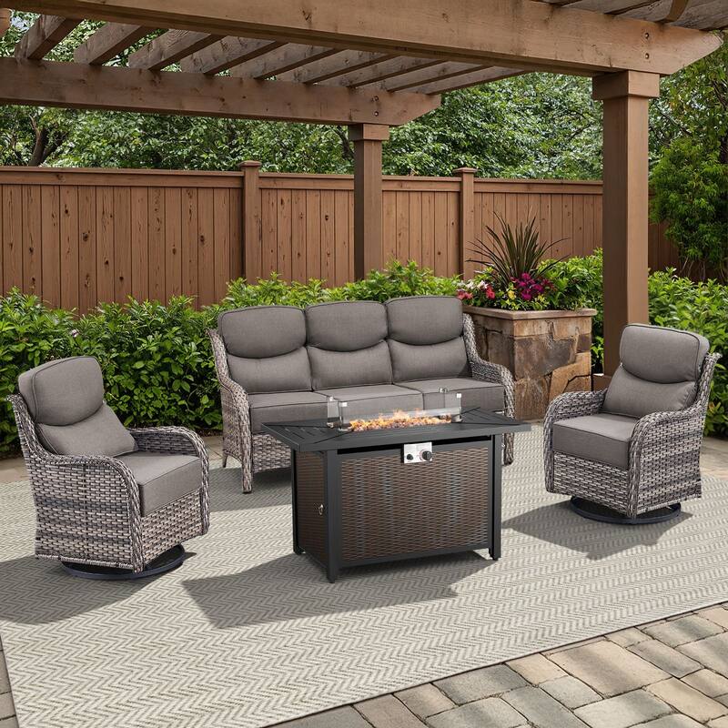 Arcadia 4-Piece PE Wicker Patio Seating Set with Durable All-Iron Fire Pit and 6-Inch Cushions