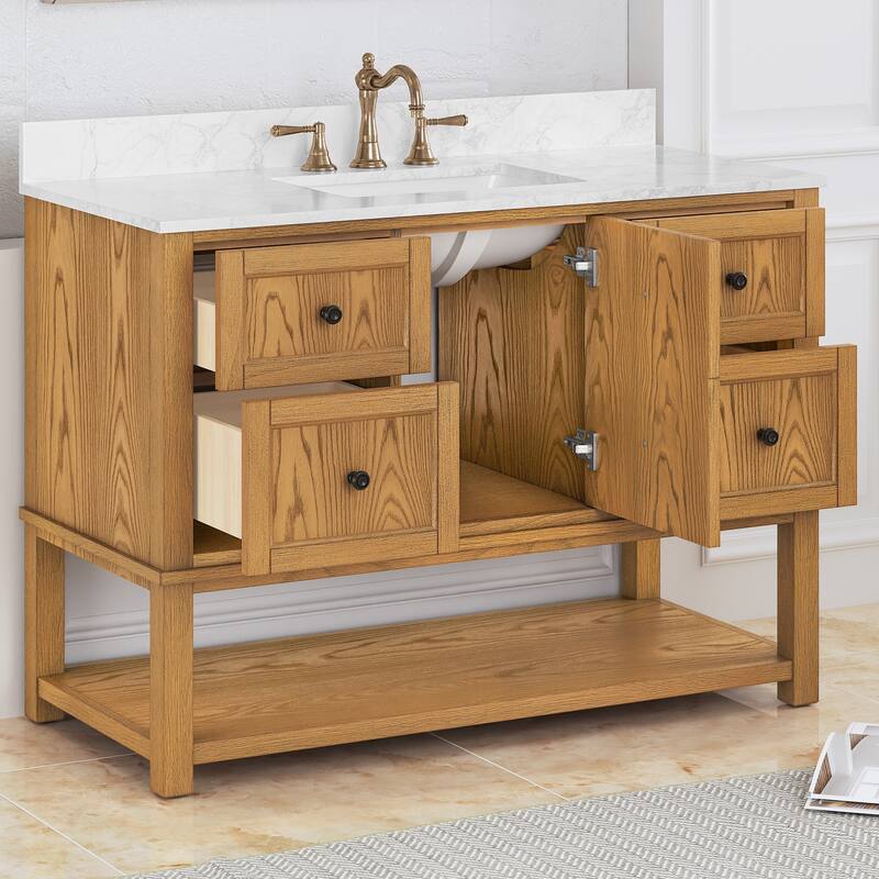 48 Inch Single Bathroom Vanity with 6 Drawers, Marble Top Bathroom Vanity with Sink in White