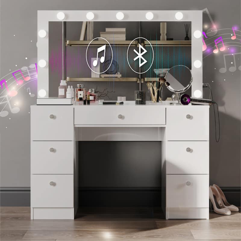 Premium Makeup Vanity with Bluetooth Speaker, Large Mirror, and 7 Drawers