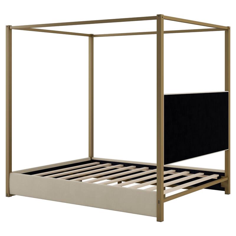 Queen Size Upholstered Canopy Bed, Metal Four Poster Platform Bed Frame with Vertical Striped Headboard, Wooden Slat Support