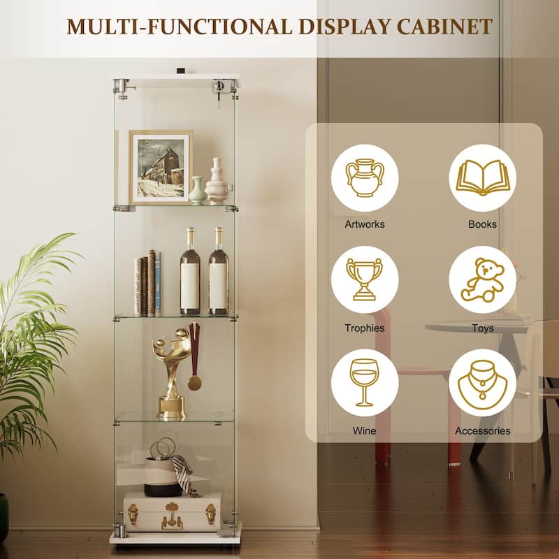 4-Shelf Glass Display Cabinet with Lock, 64"H Freestanding Curio Display Showcase for Collectibles