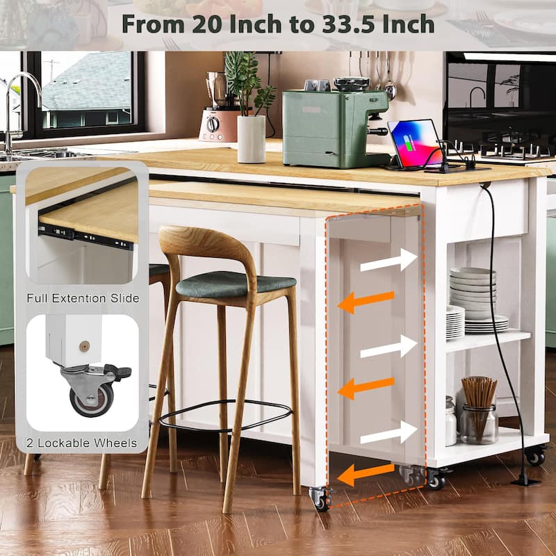 47" Kitchen Island with Extendable Table, Power Outlet, Rubber Wood Top, Storage Cabinet & Drawers