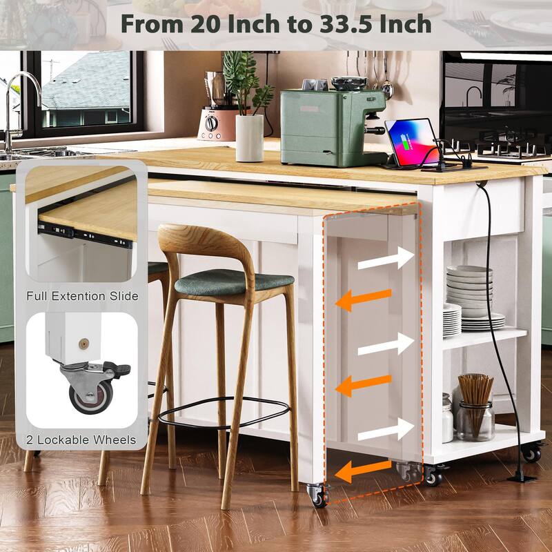 Rubber Wood Veneer Kitchen Island with Extendable Dining Table, Power Outlet