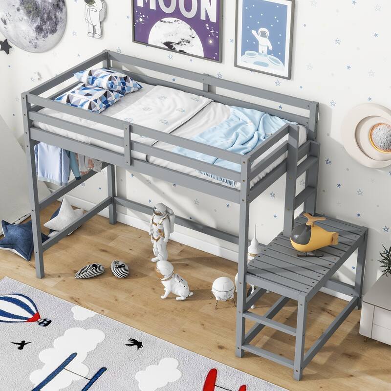 Grey Twin High Loft Bed with Ladder Landing Platform, Guardrails and Ample Underbed Space