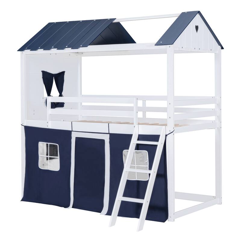 White+Blue Wood Castle House Bunk Bed with Windows, Sills, Tent, and Slide, Playhouse Design