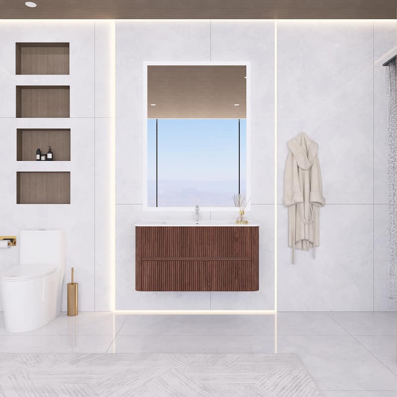 Wall-Mounted Bathroom Vanity in Walnut with Integrated White Ceramic Sink