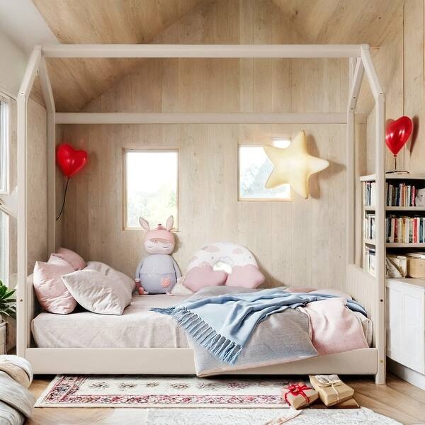slide 2 of 10, Beige Full Size Velvet House Bed with Roof, Pinewood Frame Wood Bed Full