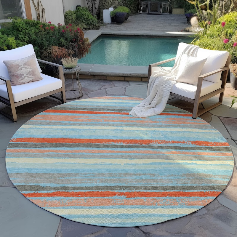 Machine Washable Indoor/ Outdoor Chantille Stripe Rug - Sky - 8' x 8'