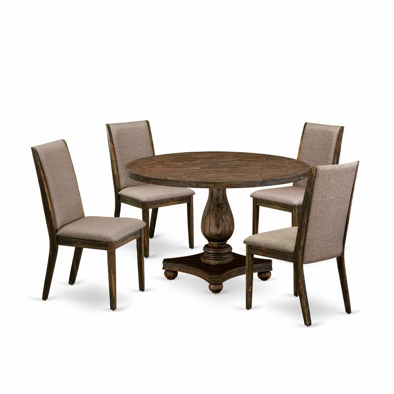 East West Furniture Dining Set- a Round Dining Table and Dark Khaki Linen Fabric Chairs, Distressed Jacobean (Pieces Option)