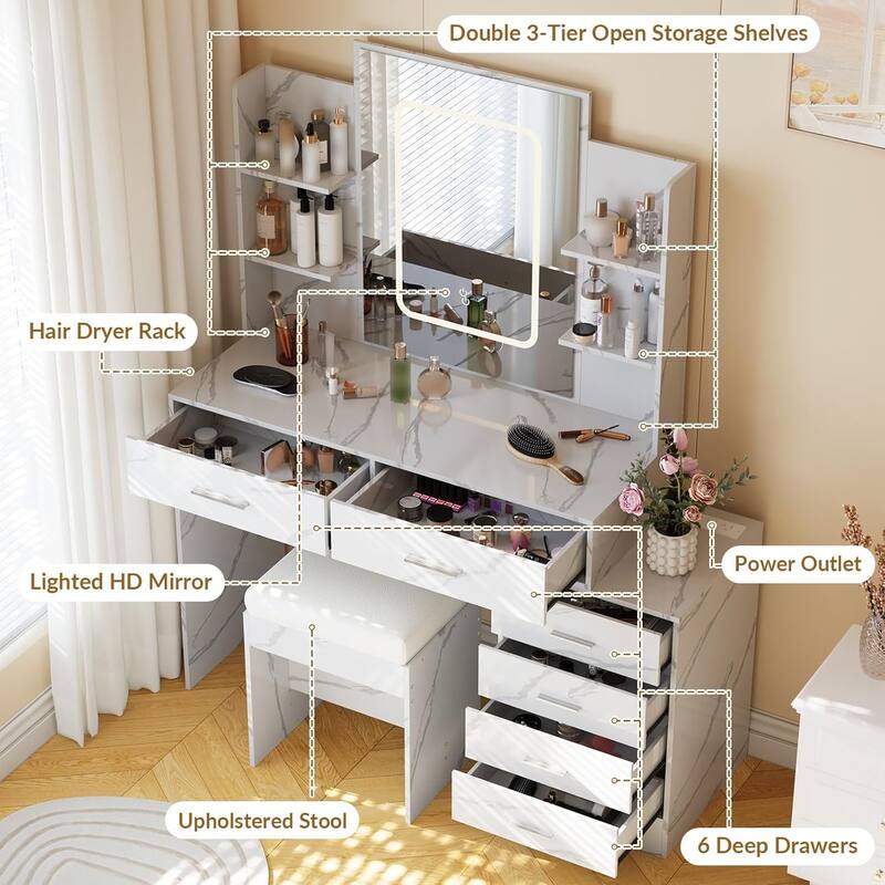 Vanity Desk with Mirror, LED Lights & Power Outlet, Makeup Table with 6 Drawers, 6 Shelves & Stool for Bedroom
