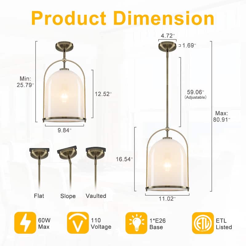 Brushed Gold Bucket Pendant Light with White Glass Dome Bedroom Foyer - Dia.11.02-in