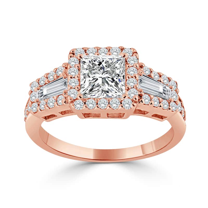 Auriya 14k Gold 1 3/4ctw Princess-cut Halo Diamond Engagement Ring Certified (H-I, SI1-SI2) - Rose - 7.5
