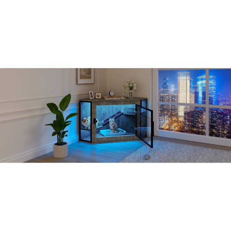 48" Corner Cat Litter Box Enclosure, Modern Hidden Litter Box Corner Cabinet with Acrylic Door and LED Light
