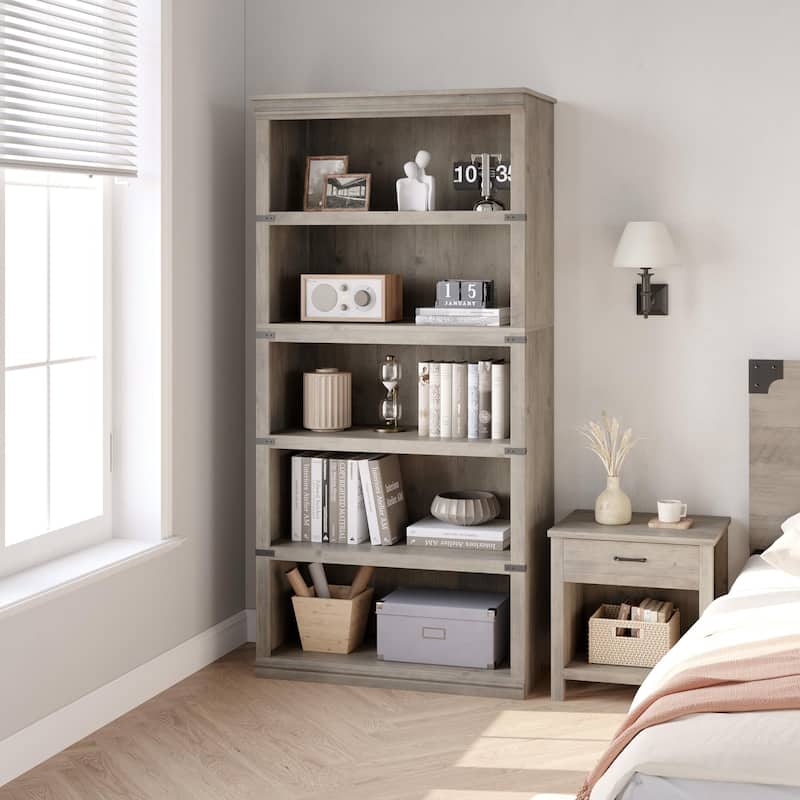 5 Tier Bookcase Modern Farmhouse Book Shelf - 67.4"H*31.5"W*12.8"D - Grey