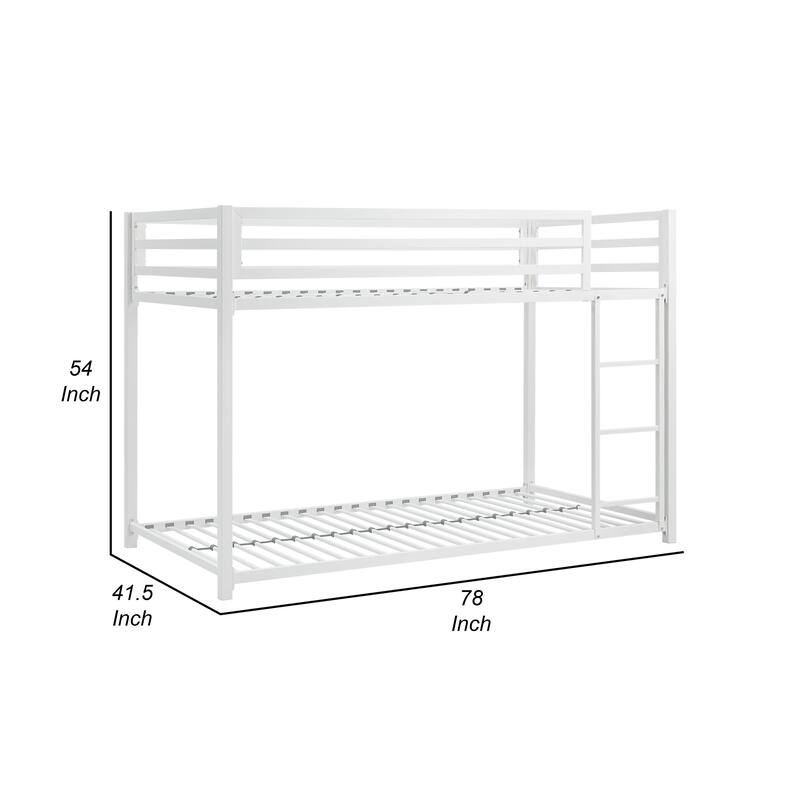 Ovi 78 Inch Twin Bunk Bed, Mounted Ladder, Ground Level Platform Bed, White