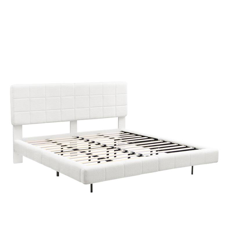 Floating Platform Bed Frame with LED Lights, Headboard, Modern Upholstered Boucle Fabric Bed with Checkerboard Design