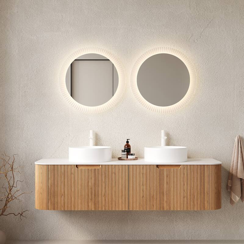 GDFStudio - Dina 60" Floating Bathroom Vanity with Striped Curved Drawers & 2 White Round Ceramic Basins, WITHOUT Faucet