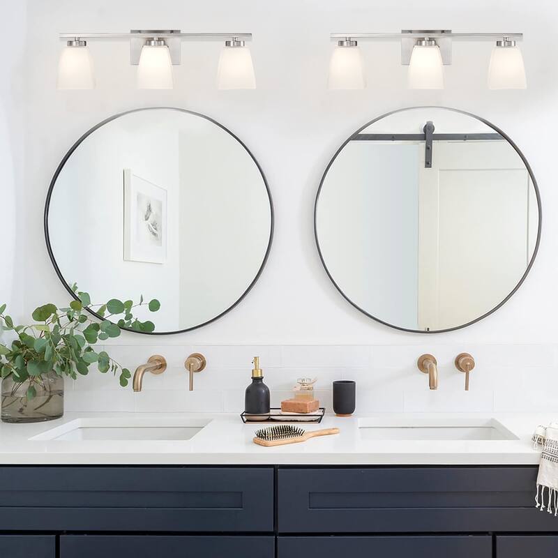 Brushed Nickel/Matte Black/Gold Modern 3-Light Vanity Light with Square Etched White Glass Shades