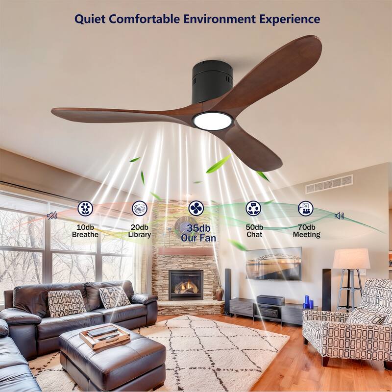 52-Inch Recessed Ceiling Fan With Light, Remote Control, Solid Wood Blades, Dimmable, Reversible, Quiet Operation - Black