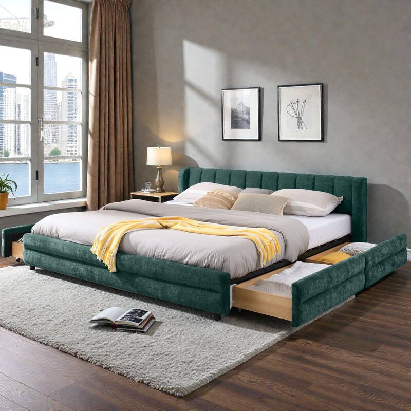King Upholstered Bed Frame with Chenille Fabric, Soft Headboard and Underbed Storage Drawer, Modern Platform Design