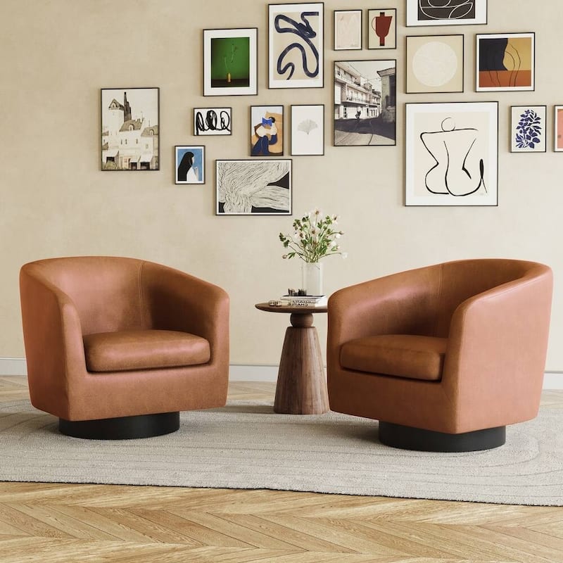 Faux Leather Accent Barrel Chair with Swivel Base