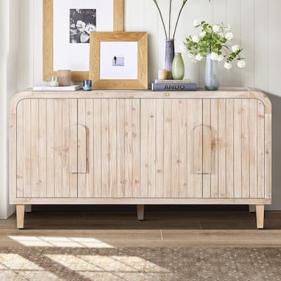 Curved Cabinet with Vertical Wood Grain Carving, 4 Door Sideboard with Adjustable Shelves, Accent Cabinet with Wooden Handles